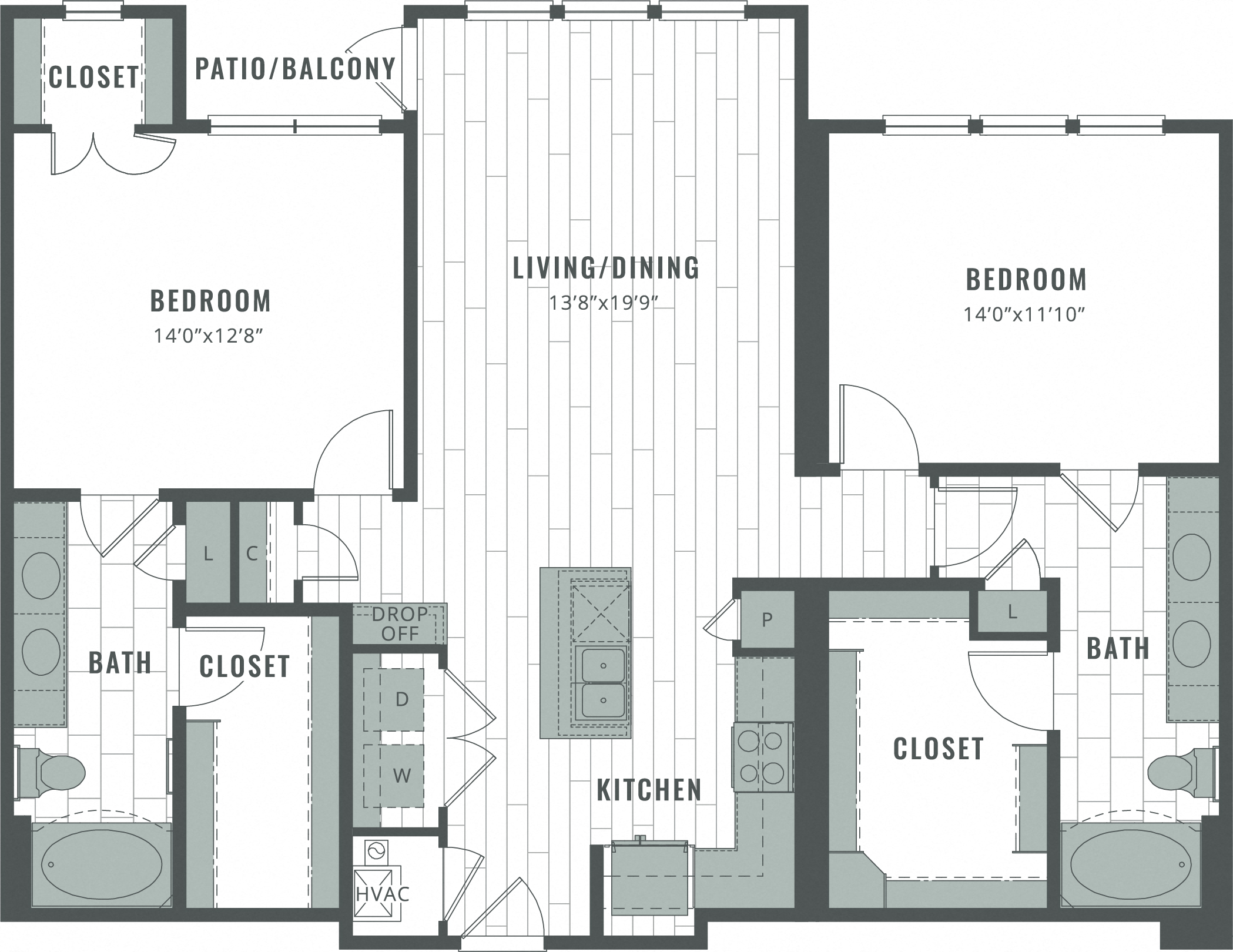Floor plan for 2 beds, 2 baths, 1385 sqft